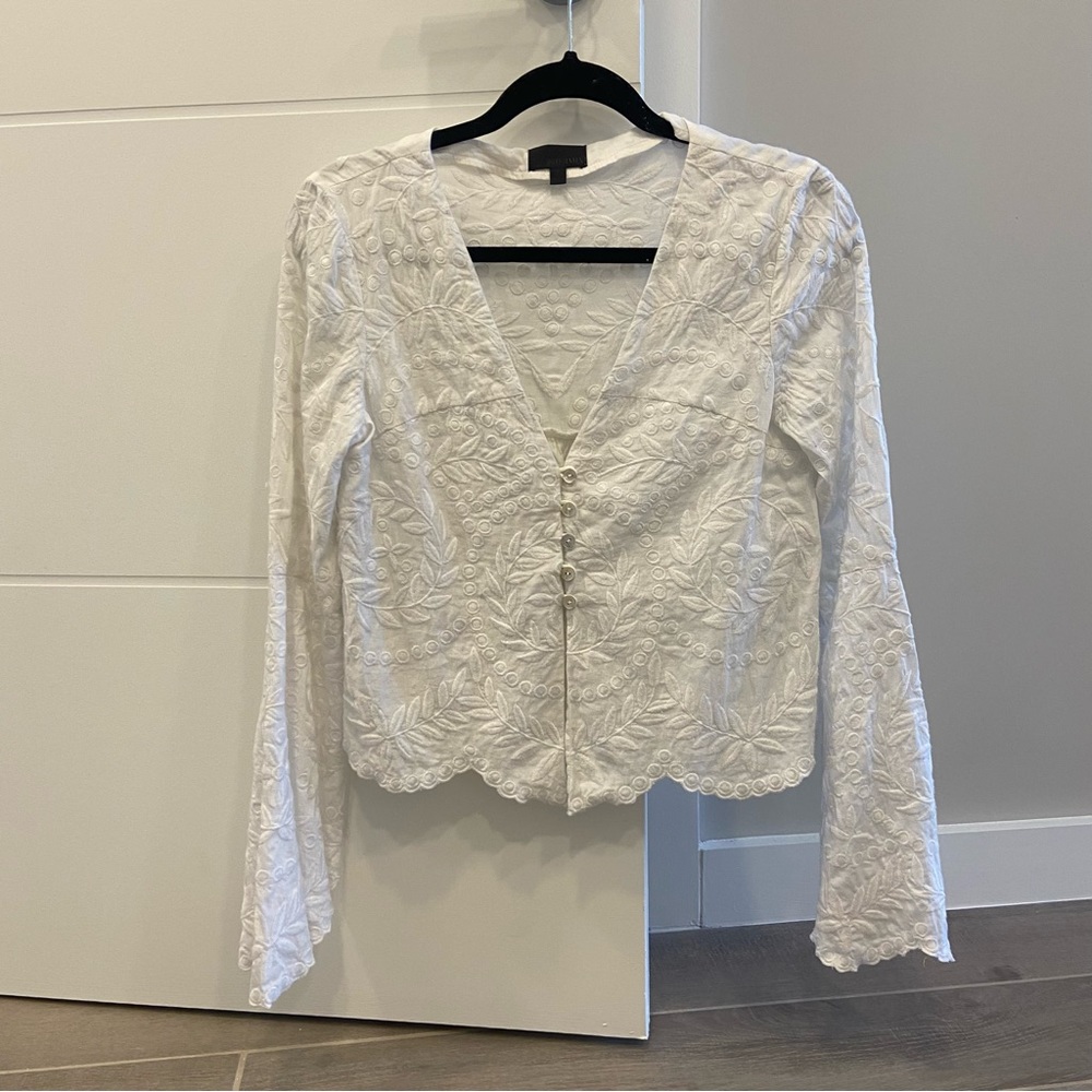 INTERMIX White Embroidered Bell Long Sleeve Cropped Blouse Size P